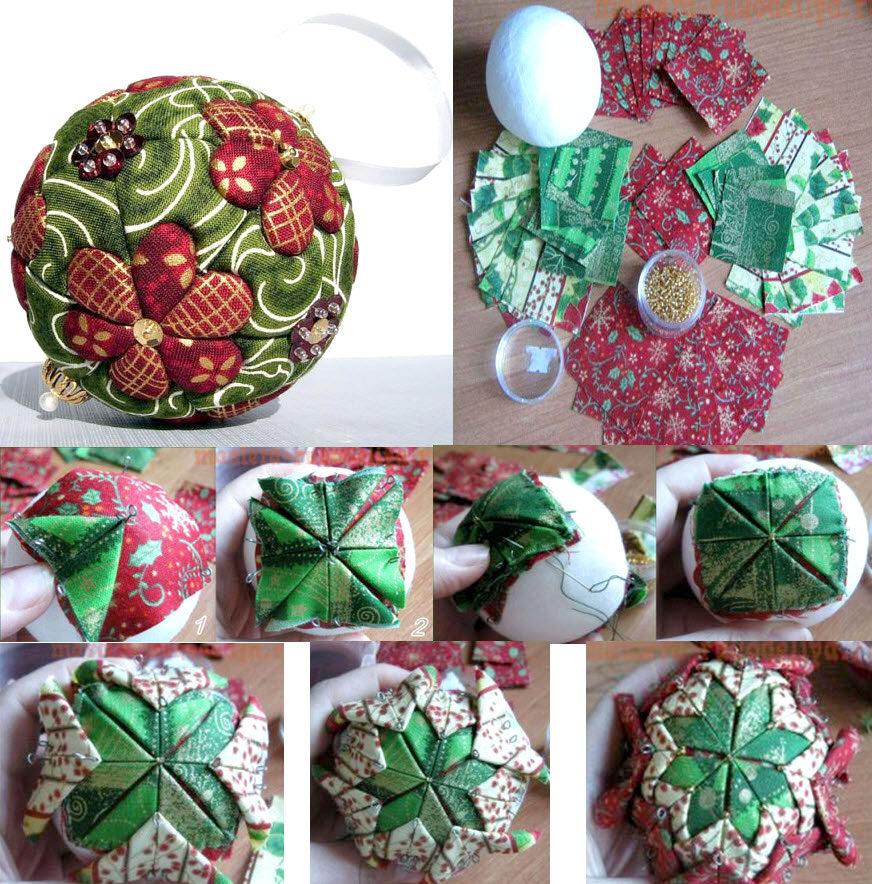 Новогодние шары, украшенные тканью в стиле пэчворк