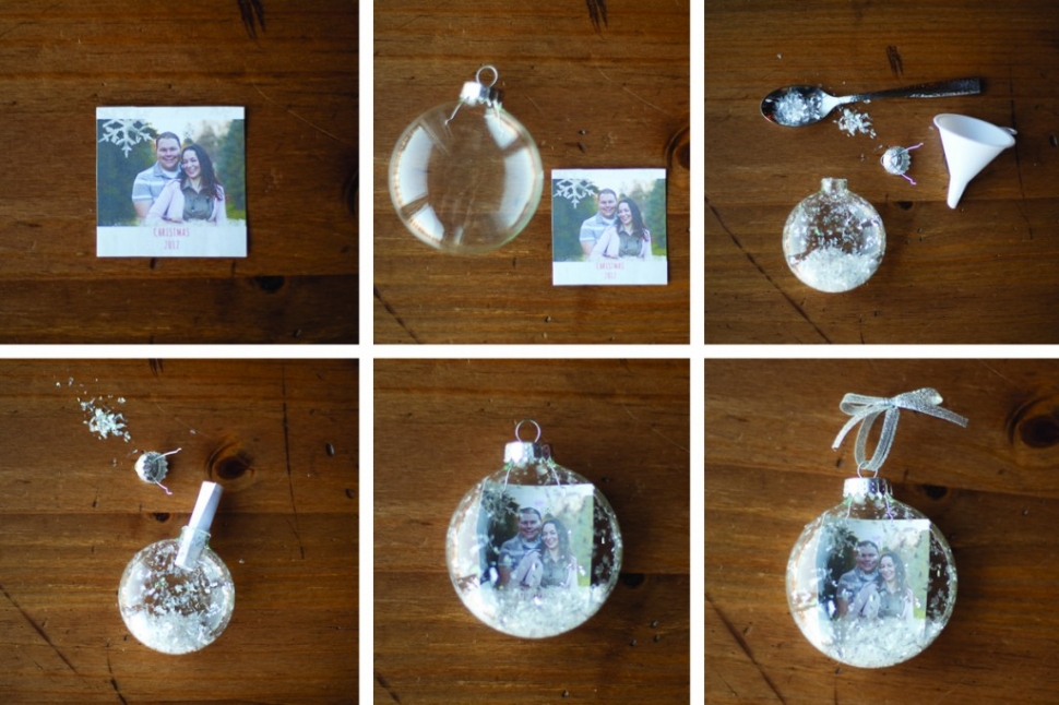 Процесс украшения прозрачного новогоднего шара фотографиями