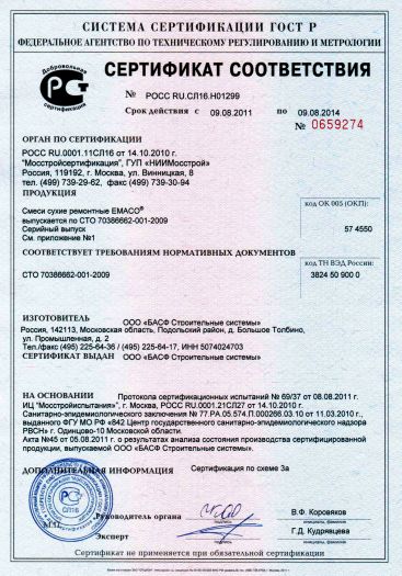 Скачать сертификат на смеси сухие ремонтные ЕМАСО®